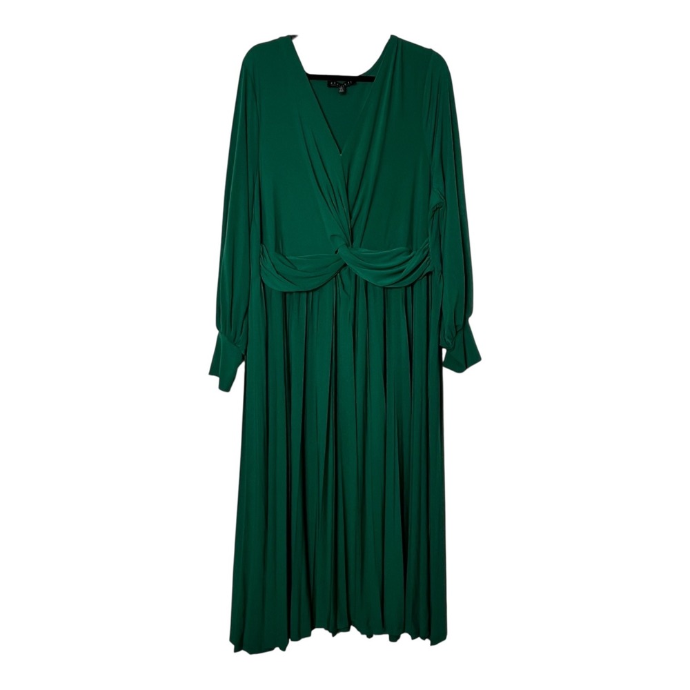 Eloquii Emerald Green Twist Front Pleated Midi Dress Women 24 Long Sleeve V-Neck